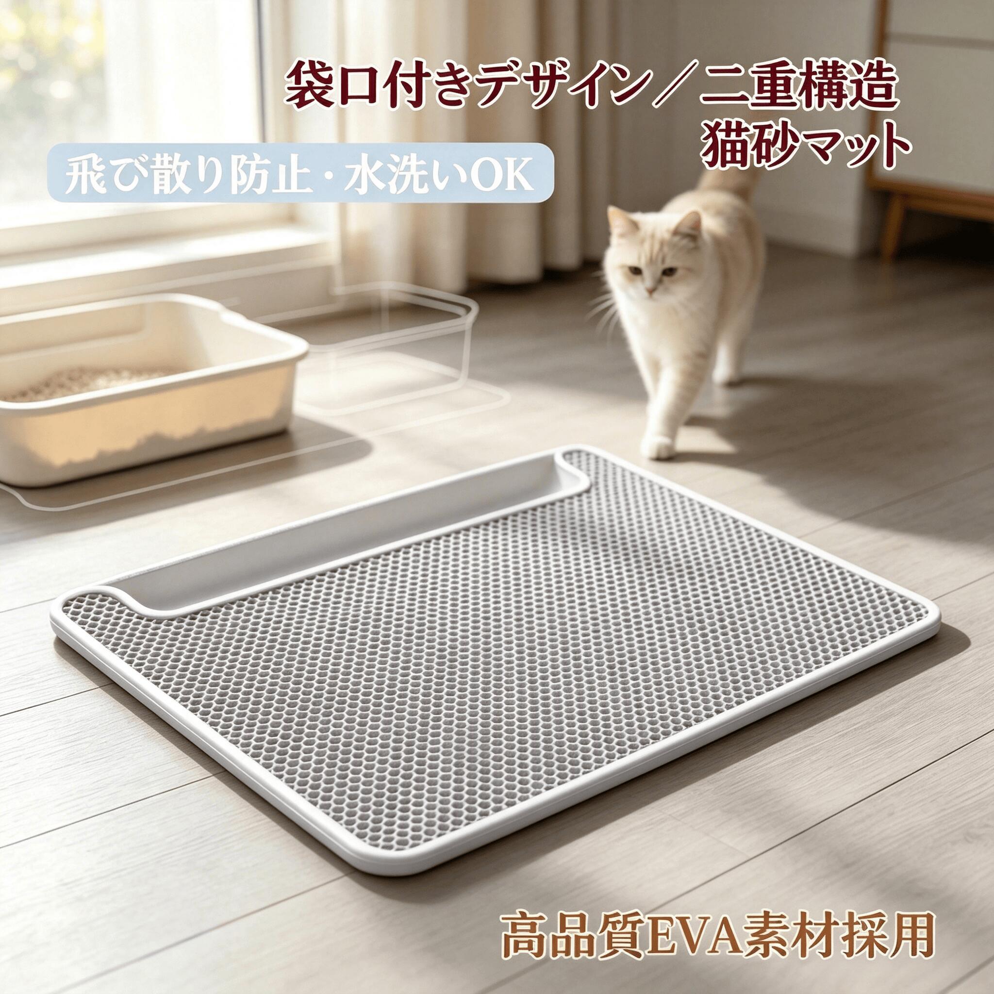 製品概要 このたびは本製品をお買い上げいただき、誠にありがとうございます。 本製品は、EVA素材を使用した二重構造の猫砂マットです。ハニカム形状の表面が猫の足裏に付着した猫砂を受け止め、下層へ集めることで、床への飛び散りを軽減します。防水仕様で水洗いが可能なため、お手入れも簡単です。 製品仕様 材質：EVA 厚さ：約1.2cm 製品特長 1．二重構造で猫砂をキャッチ ハニカム形状の表面から猫砂を下層へ落とし、飛び散った猫砂をまとめて回収できます。開口部が広いため、おから猫砂や鉱物系猫砂など、さまざまな種類の猫砂に対応します。 2．ポケット構造で簡単お手入れ マットの開口部を開いて傾けるだけで、たまった猫砂を猫砂トイレへ戻せます。日常のお掃除を手軽に行えます。 3．EVA素材採用 軽量でクッション性のあるEVA素材を採用しています。表面には傷が付きにくい加工を施し、防水・防湿仕様で毎日のお手入れにも便利です。 4．細部までこだわった仕上がり 丁寧なパイピング加工とダブルステッチ仕様により、型崩れしにくい設計です。底面には滑り止め加工を施しており、安定して設置できます。 5．丸洗い可能でお手入れ簡単 マット全体を水洗いできます。汚れが気になった際は水で洗い流し、乾燥後は繰り返しご使用いただけます。 6．さまざまなシーンで使用可能 軽量で柔らかく、各種猫砂トイレに合わせてご使用いただけます。子猫から成猫まで幅広く対応し、多頭飼育にもおすすめです。XXLサイズは大型の猫や多頭飼育環境にも適しています。 使用方法 1．猫砂トイレの出入口に本製品を平らに敷いてください。 2．猫がトイレを出入りする際、足裏に付着した猫砂をマットが受け止めます。 3．たまった猫砂は開口部を開いて猫砂トイレへ戻してください。 4．汚れた場合は水で洗い流し、十分に乾燥させてからご使用ください。 使用上の注意 1．鋭利な刃物などで本製品を傷付けないでください。 2．水洗い後は十分に乾燥させてからご使用ください。 3．猫が本製品を噛む・引っかくなどの行動を繰り返す場合は、使用状況をご確認ください。 4．火気や高温になる場所の近くでは使用しないでください。 5．本来の用途以外には使用しないでください。製品概要 このたびは本製品をお買い上げいただき、誠にありがとうございます。 本製品は、EVA素材を使用した二重構造の猫砂マットです。ハニカム形状の表面が猫の足裏に付着した猫砂を受け止め、下層へ集めることで、床への飛び散りを軽減します。防水仕様で水洗いが可能なため、お手入れも簡単です。 製品仕様 材質：EVA 厚さ：約1.2cm 製品特長 1．二重構造で猫砂をキャッチ ハニカム形状の表面から猫砂を下層へ落とし、飛び散った猫砂をまとめて回収できます。開口部が広いため、おから猫砂や鉱物系猫砂など、さまざまな種類の猫砂に対応します。 2．ポケット構造で簡単お手入れ マットの開口部を開いて傾けるだけで、たまった猫砂を猫砂トイレへ戻せます。日常のお掃除を手軽に行えます。 3．EVA素材採用 軽量でクッション性のあるEVA素材を採用しています。表面には傷が付きにくい加工を施し、防水・防湿仕様で毎日のお手入れにも便利です。 4．細部までこだわった仕上がり 丁寧なパイピング加工とダブルステッチ仕様により、型崩れしにくい設計です。底面には滑り止め加工を施しており、安定して設置できます。 5．丸洗い可能でお手入れ簡単 マット全体を水洗いできます。汚れが気になった際は水で洗い流し、乾燥後は繰り返しご使用いただけます。 6．さまざまなシーンで使用可能 軽量で柔らかく、各種猫砂トイレに合わせてご使用いただけます。子猫から成猫まで幅広く対応し、多頭飼育にもおすすめです。XXLサイズは大型の猫や多頭飼育環境にも適しています。 使用方法 1．猫砂トイレの出入口に本製品を平らに敷いてください。 2．猫がトイレを出入りする際、足裏に付着した猫砂をマットが受け止めます。 3．たまった猫砂は開口部を開いて猫砂トイレへ戻してください。 4．汚れた場合は水で洗い流し、十分に乾燥させてからご使用ください。 使用上の注意 1．鋭利な刃物などで本製品を傷付けないでください。 2．水洗い後は十分に乾燥させてからご使用ください。 3．猫が本製品を噛む・引っかくなどの行動を繰り返す場合は、使用状況をご確認ください。 4．火気や高温になる場所の近くでは使用しないでください。 5．本来の用途以外には使用しないでください。