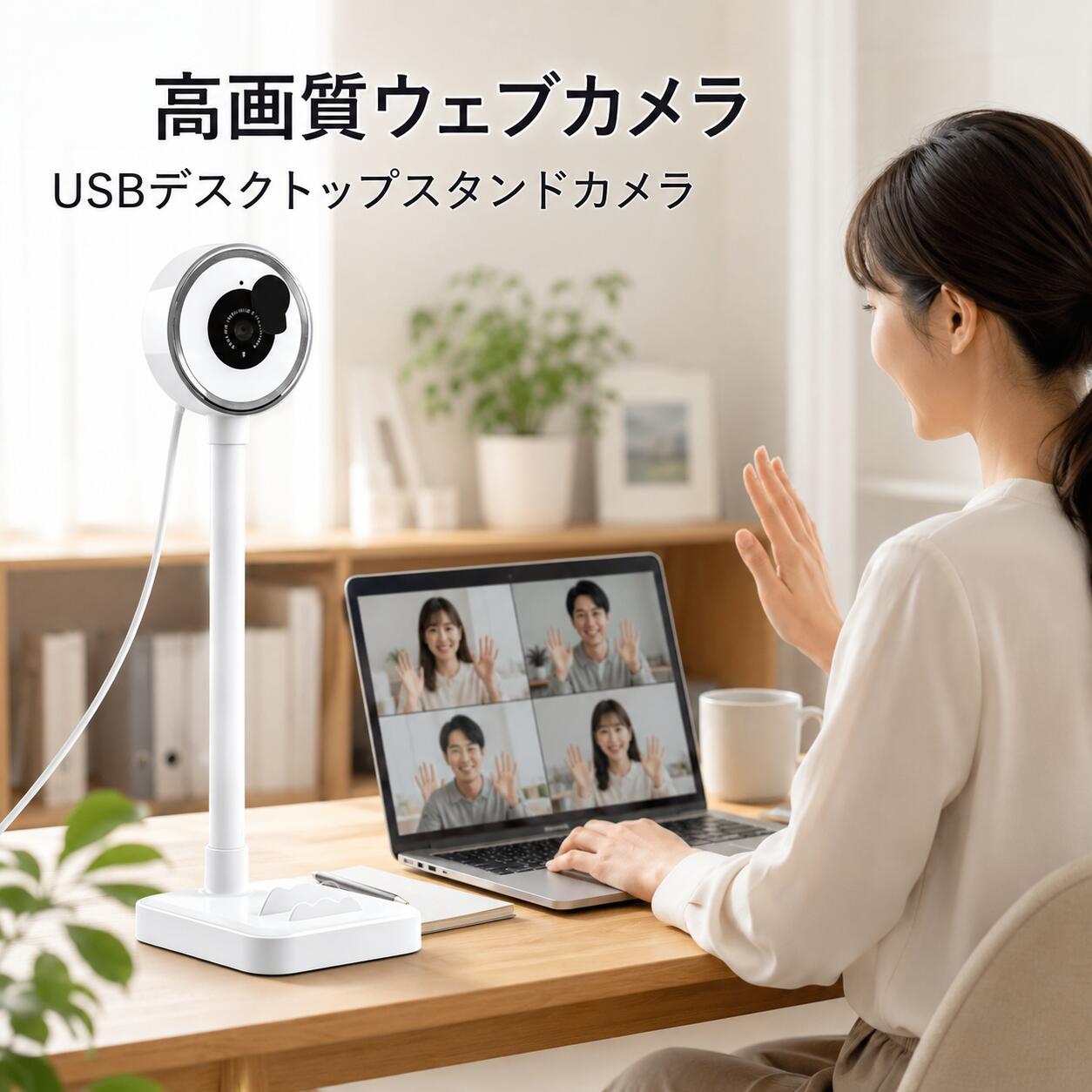 USB接続対応のデスクトップスタンド型Webカメラです。フレキシブルアームを採用し、デスク上に設置して使用できます。90°広角レンズ、オートフォーカス、リングライト、内蔵マイクを搭載しています。USB接続による給電に対応しています。 仕様 映像仕様 センサー画素数：200万画素 最大解像度：1920×1080（フルHD） フレームレート：30fps 画角：約90° フォーカス方式：オートフォーカス 手ブレ補正：デュアル手ブレ補正 その他：リングライト、プライバシーカバー搭載 音声・接続 マイク：内蔵マイク 接続方式：USB 給電方式：USB給電 ドライバー：不要 ケーブル長：約1.5m 本体仕様 レンズ外径：約54mm スタンド全長：約210mm 高さ調整範囲：約14～22cm ベースサイズ：約80×20mm 本体重量：約105g 対応環境 対応OS：Windows 7 / Windows 8 / Windows 10 対応機器：デスクトップパソコン、ノートパソコン 各部名称 カメラレンズ プライバシーカバー リングライト 内蔵マイク フレキシブルアーム スタンドベース USBケーブル 使用方法 接続 USBコネクターをパソコンのUSBポートへ接続してください。機器が認識された後、ご使用いただけます。 角度調整 スタンドを安定した場所へ設置してください。 フレキシブルアームを調整し、使用目的に合わせて高さや角度を変更してください。 レンズ部は向きを調整できます。 カメラ設定 ご使用になるソフトウェアの設定画面で、本製品を映像入力機器として選択してください。 リングライト 周囲の明るさに応じてリングライトの明るさを調整してください。 プライバシーカバー 使用しない場合は、プライバシーカバーを閉じてレンズを保護してください。 製品特長 USB接続対応 90°広角レンズ搭載 オートフォーカス対応 リングライト搭載 内蔵マイク搭載 高さ・角度調整可能なフレキシブルアーム 使用上の注意 本製品を分解、改造しないでください。 フレキシブルアームに過度な力を加えたり、無理に曲げたりしないでください。 レンズが汚れた場合は、柔らかい布で軽く拭いてください。 高温多湿、直射日光の当たる場所、水のかかる場所での使用および保管は避けてください。 USBコネクターの抜き差しは、コネクター部分を持って行ってください。 機器が認識されない場合は、USBポートを変更し、パソコンの設定をご確認ください。 保管方法 使用しない場合はUSBケーブルを取り外し、直射日光や高温多湿を避けた場所で保管してください。 【ご購入前のご注意】 ※ご使用の前に、同梱されている取扱説明書を必ずご確認いただき、正しい手順でのご使用をお願いいたします。 ※掲載の画像と実物では、ご利用のモニター設定や撮影状況により、若干色味や質感が異なる場合がございますので、予めご了承ください。 ※商品の仕様やデザイン、パッケージにつきましては、改良などの理由により予告なく変更される場合がございます。 ※設置場所や使用環境によっては、本製品の性能を十分に発揮できない場合がございますので、ご注意の上ご利用ください。 ※ご使用中に異常を感じた際は、直ちに使用を中止し、安全を確認の上、必要に応じて販売店またはメーカーへご相談ください。 ※製品の特性上、使用頻度や保管状況、周囲の環境によっては、ご購入時と異なる風合いや状態となる場合がございます。 ※本商品は、電波法令で定められている技術基準に適合していることを証明する技適マークが貼付されていない無線機器であり、日本国内で使用する場合は、電波法違反になるおそれがございます。ご使用の際には、十分ご注意いただきますようお願いいたします。詳しくは、最寄りの総務省総合通信局へお問い合わせください。 ※商品の保管は、高温・多湿・直射日光を避け、なるべく風通しの良い場所にてお願いいたします。 ※長時間の連続使用は避け、適度に休憩をはさみながらのご使用をおすすめいたします。 ※周囲に障害物や危険物がないことを確認の上、安全にご使用ください。 【特記事項】 ※ご購入時期や生産ロットにより、同一商品であっても仕様に若干の違いが生じる場合がございます。 ※製品の性能維持のため、定期的な点検およびお手入れを行っていただくことをおすすめいたします。 【製品の特徴と安心ポイント】 ・高性能で使いやすい設計にこだわり、多くのお客様からご好評をいただいております。 ・シンプルな操作方法で初めての方でも安心してご使用いただけます。 【こんな方におすすめ】 ・手軽に使える高品質な無線機器をお探しの方 ・安心のサポート体制を重視される方 ・コストパフォーマンスに優れた商品を求める方USB接続対応のデスクトップスタンド型Webカメラです。フレキシブルアームを採用し、デスク上に設置して使用できます。90°広角レンズ、オートフォーカス、リングライト、内蔵マイクを搭載しています。USB接続による給電に対応しています。 仕様 映像仕様 センサー画素数：200万画素 最大解像度：1920×1080（フルHD） フレームレート：30fps 画角：約90° フォーカス方式：オートフォーカス 手ブレ補正：デュアル手ブレ補正 その他：リングライト、プライバシーカバー搭載 音声・接続 マイク：内蔵マイク 接続方式：USB 給電方式：USB給電 ドライバー：不要 ケーブル長：約1.5m 本体仕様 レンズ外径：約54mm スタンド全長：約210mm 高さ調整範囲：約14～22cm ベースサイズ：約80×20mm 本体重量：約105g 対応環境 対応OS：Windows 7 / Windows 8 / Windows 10 対応機器：デスクトップパソコン、ノートパソコン 各部名称 カメラレンズ プライバシーカバー リングライト 内蔵マイク フレキシブルアーム スタンドベース USBケーブル 使用方法 接続 USBコネクターをパソコンのUSBポートへ接続してください。機器が認識された後、ご使用いただけます。 角度調整 スタンドを安定した場所へ設置してください。 フレキシブルアームを調整し、使用目的に合わせて高さや角度を変更してください。 レンズ部は向きを調整できます。 カメラ設定 ご使用になるソフトウェアの設定画面で、本製品を映像入力機器として選択してください。 リングライト 周囲の明るさに応じてリングライトの明るさを調整してください。 プライバシーカバー 使用しない場合は、プライバシーカバーを閉じてレンズを保護してください。 製品特長 USB接続対応 90°広角レンズ搭載 オートフォーカス対応 リングライト搭載 内蔵マイク搭載 高さ・角度調整可能なフレキシブルアーム 使用上の注意 本製品を分解、改造しないでください。 フレキシブルアームに過度な力を加えたり、無理に曲げたりしないでください。 レンズが汚れた場合は、柔らかい布で軽く拭いてください。 高温多湿、直射日光の当たる場所、水のかかる場所での使用および保管は避けてください。 USBコネクターの抜き差しは、コネクター部分を持って行ってください。 機器が認識されない場合は、USBポートを変更し、パソコンの設定をご確認ください。 保管方法 使用しない場合はUSBケーブルを取り外し、直射日光や高温多湿を避けた場所で保管してください。 【ご購入前のご注意】 ※ご使用の前に、同梱されている取扱説明書を必ずご確認いただき、正しい手順でのご使用をお願いいたします。 ※掲載の画像と実物では、ご利用のモニター設定や撮影状況により、若干色味や質感が異なる場合がございますので、予めご了承ください。 ※商品の仕様やデザイン、パッケージにつきましては、改良などの理由により予告なく変更される場合がございます。 ※設置場所や使用環境によっては、本製品の性能を十分に発揮できない場合がございますので、ご注意の上ご利用ください。 ※ご使用中に異常を感じた際は、直ちに使用を中止し、安全を確認の上、必要に応じて販売店またはメーカーへご相談ください。 ※製品の特性上、使用頻度や保管状況、周囲の環境によっては、ご購入時と異なる風合いや状態となる場合がございます。 ※本商品は、電波法令で定められている技術基準に適合していることを証明する技適マークが貼付されていない無線機器であり、日本国内で使用する場合は、電波法違反になるおそれがございます。ご使用の際には、十分ご注意いただきますようお願いいたします。詳しくは、最寄りの総務省総合通信局へお問い合わせください。 ※商品の保管は、高温・多湿・直射日光を避け、なるべく風通しの良い場所にてお願いいたします。 ※長時間の連続使用は避け、適度に休憩をはさみながらのご使用をおすすめいたします。 ※周囲に障害物や危険物がないことを確認の上、安全にご使用ください。 【特記事項】 ※ご購入時期や生産ロットにより、同一商品であっても仕様に若干の違いが生じる場合がございます。 ※製品の性能維持のため、定期的な点検およびお手入れを行っていただくことをおすすめいたします。 【製品の特徴と安心ポイント】 ・高性能で使いやすい設計にこだわり、多くのお客様からご好評をいただいております。 ・シンプルな操作方法で初めての方でも安心してご使用いただけます。 【こんな方におすすめ】 ・手軽に使える高品質な無線機器をお探しの方 ・安心のサポート体制を重視される方 ・コストパフォーマンスに優れた商品を求める方