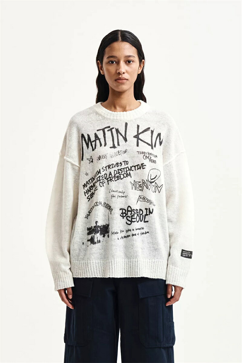 2026 Matin Kim マーティンキム トップス Tシャツ カットソー 丸襟 アルファベット カーディガン 落書き ニット セーター 韓国ファッション レディースファッション 春 秋 冬 ホワイト ブルー good-smile-store-10009305 グッドスマイルストア サンプル画像2
