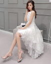 【送料無料】ふんわりフレアレースドレス ホワイト 白 バックロング仕様 ノースリーブ 結婚式 パーティ 衣装 オシャレ かわいい