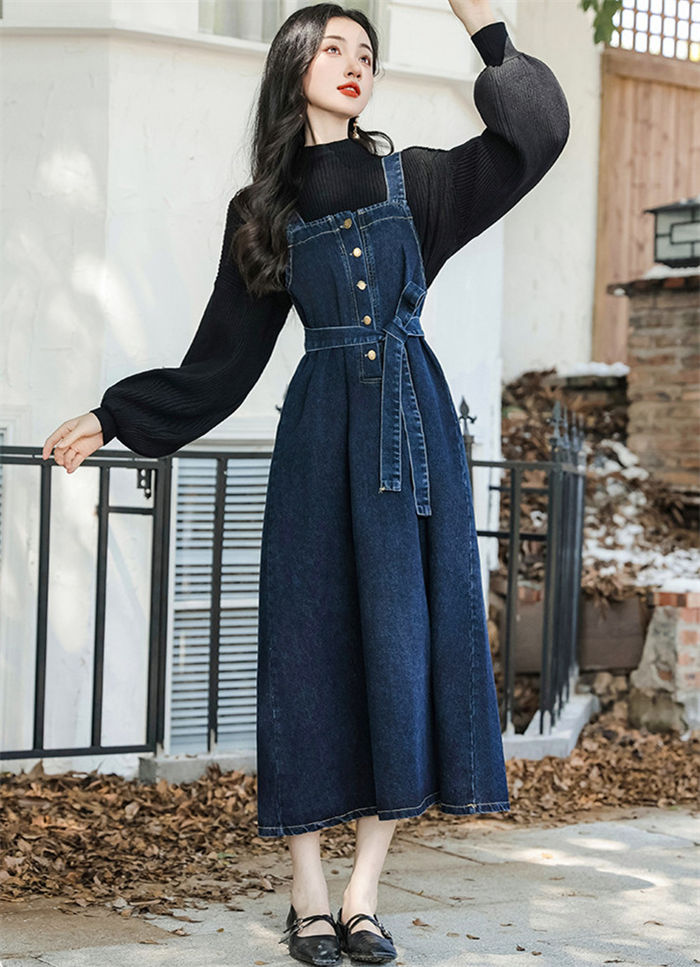 【送料無料】秋服 春服 ロング丈 体型カバー レディース デニム ジャンスカ サロペットスカート ジャンパースカート