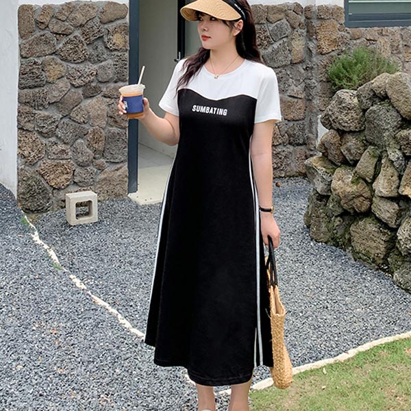 【送料無料】重ね着風 チューブワンピース サイドライン 胸ロゴ ホワイトTシャツ+ 半袖 クルーネック 夏服 ワンピース