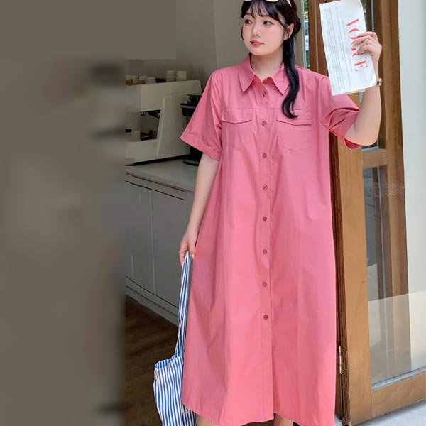 【送料無料】半袖 ワイドスリーブ Aライン 両胸にフラップポケット レギュラーカラー 夏服 ワンピース