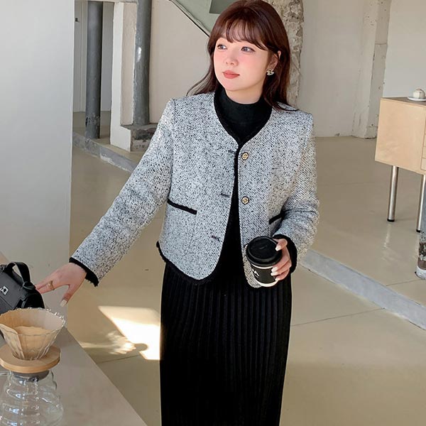 【送料無料】フリンジブレード縁取り キルティング裏地 ショート丈 ノーカラージャケット+ハイネックワンピース