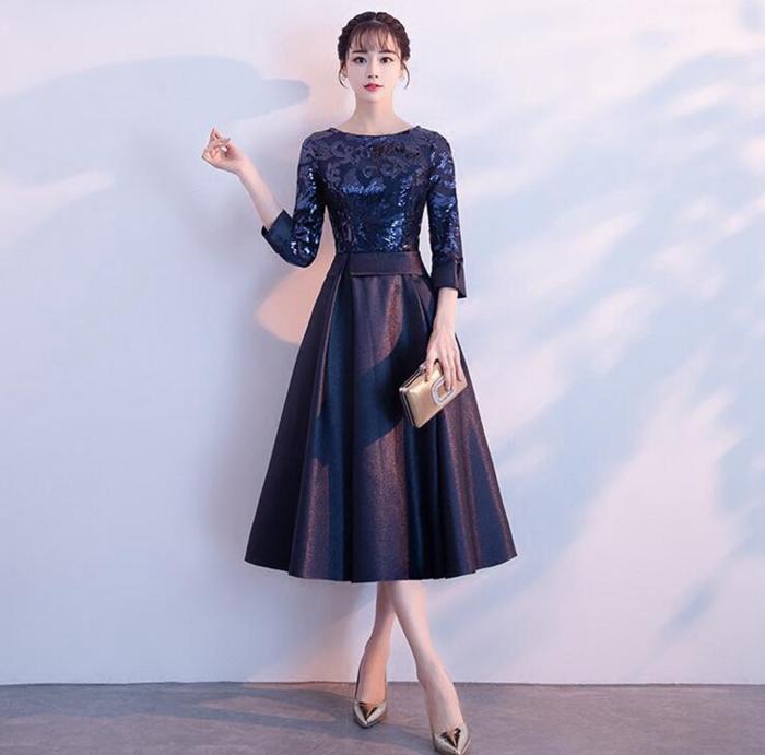 【送料無料】ブルー ベージュ グレー ロング パーティードレス ワンピース 結婚式 長袖 袖あり 総レース ミモレ丈