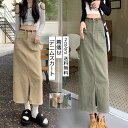 【送料無料】デニムスカート タイトスカート レディース ロング丈 フロントスリット 膝下 ミモレ丈 シンプル コーデ カーゴ ボトムス(4)