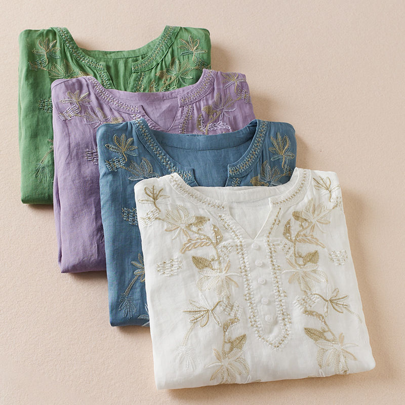 【送料無料】5分袖 ホワイトシャツ ホワイト 白シャツ 刺繍シャツ シャツブラウス 5分袖シャツ トップス ブラウス レディース 刺繍 シャツ