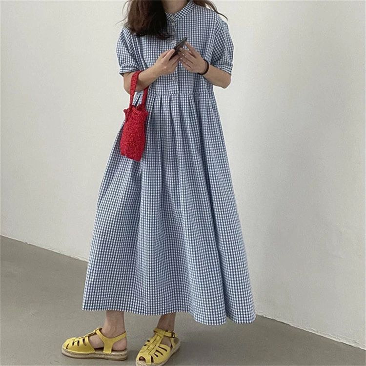 【送料無料】レディース ロングワンピース 半袖 バンドカラー ボリューム袖 半袖ワンピース マキシワンピース Aライン
