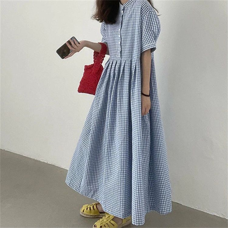 【送料無料】レディース ロングワンピース 半袖 バンドカラー ボリューム袖 半袖ワンピース マキシワンピース Aライン