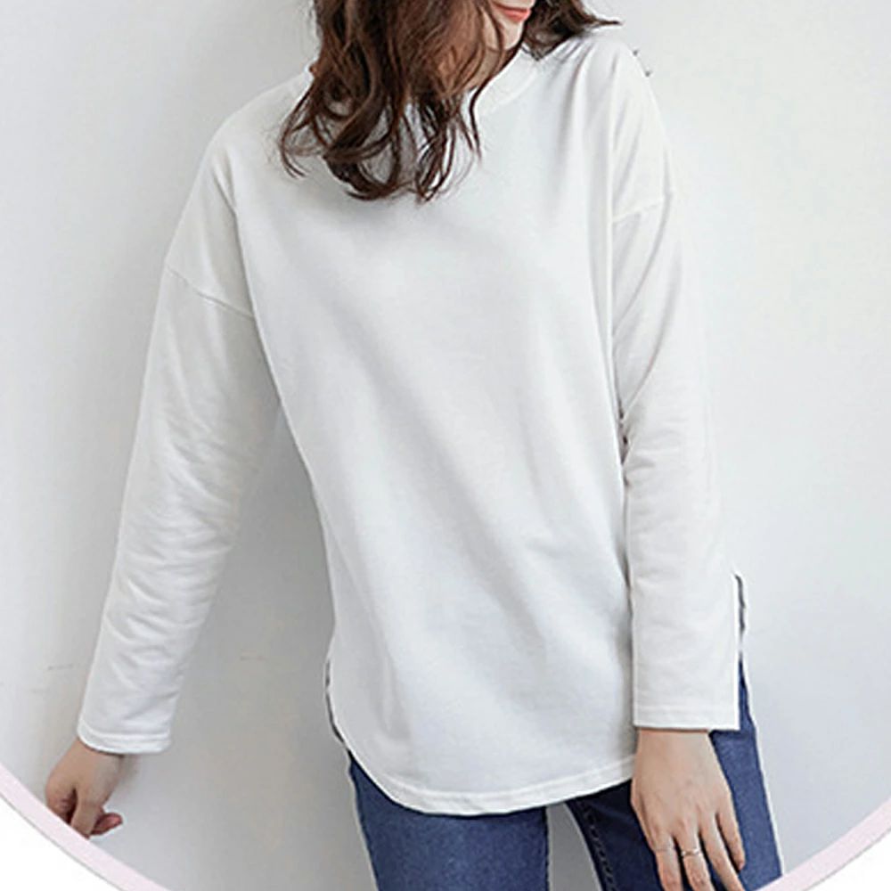 【送料無料】長袖tシャツ ラウンドネック 部屋着 重ね着 シンプル トップス 体型カバー カットソー スリット tシャツ カットソー