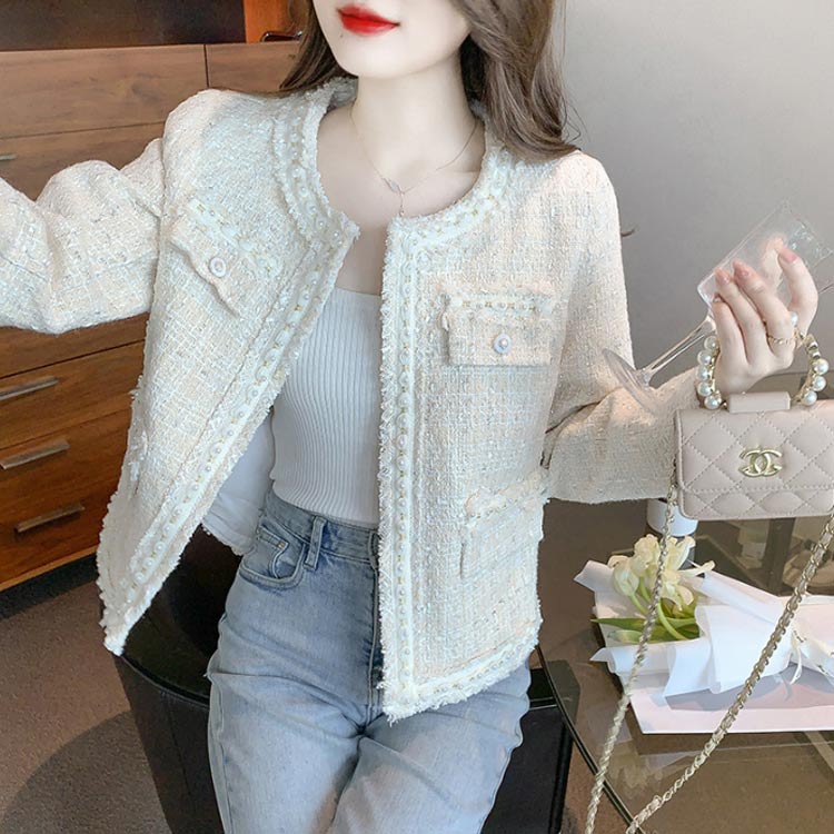 【送料無料】ママスーツ アウター カーディガン 長袖 母 秋 フリンジ 冬 ノーカラー ショット丈ジャケット 結婚式 ツイードジャケット