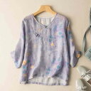 【送料無料】Tシャツ 春夏 半袖 民族風 レトロ リネントップス チャイナボタン シャツ レディース リネンブラウス 7分袖 チャイナ風(4)