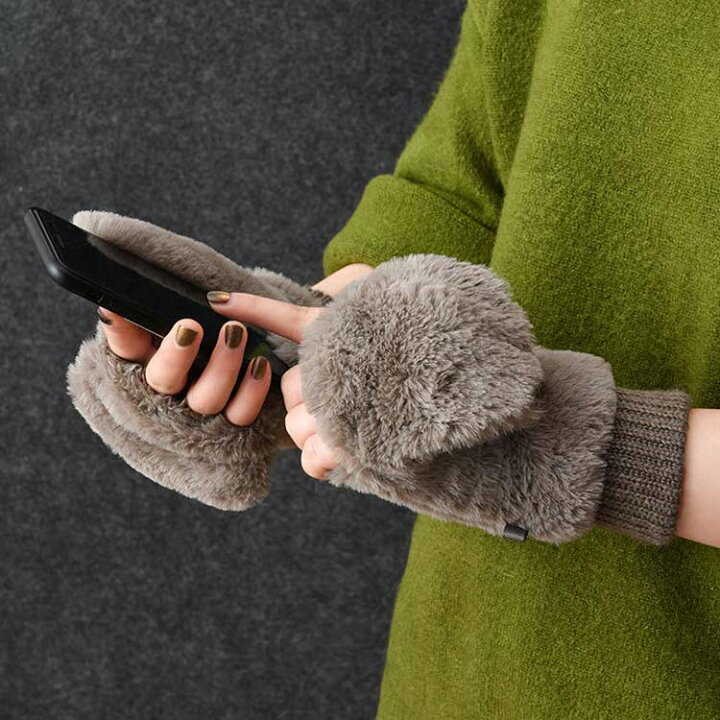 【送料無料】冬 かわいい シンプル 無地 厚手 女の子 ファー 起毛 もこもこ スマホ対応 指なし レディース 裏起毛 2way ミトン