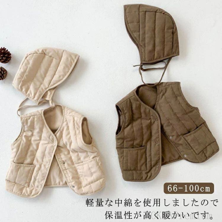 厚手 子供服 キルティング 子ども服 ベビー 無地 中綿ベスト コート トップス キッズ 帽子付 赤ちゃん ..