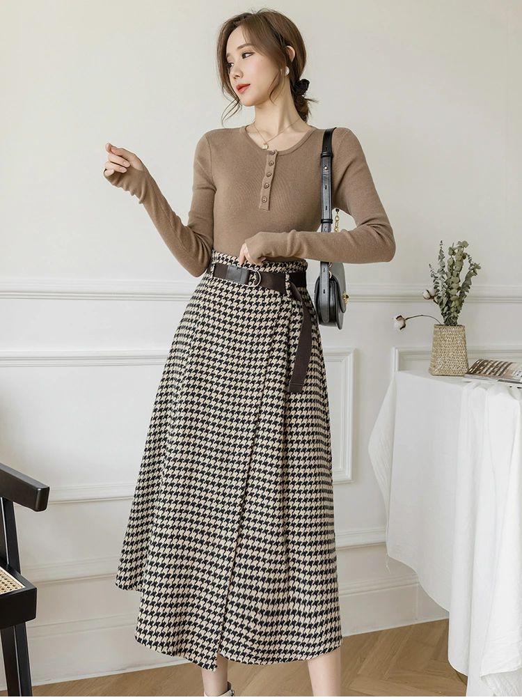 秋冬 チェック柄 付き 秋冬 スカート ロングスカート 20代30代40代50代 Aライン レディース ベルト チ..