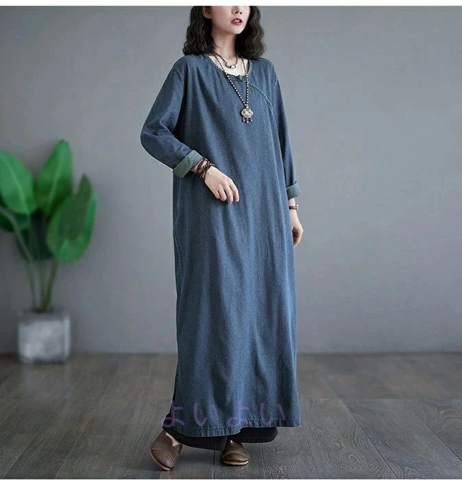 デニム 長袖 オーバーサイズ 秋 チュニック レディース シンプル オフィスカジュアル トップス シャツワンピース ブラウス マキシワンピース 着痩せ シャツ 体型カバー きれいめ Vネック 大人カジュアル ロングシャツ 通勤 切替え ロング テールライン 春 ビッグシルエット