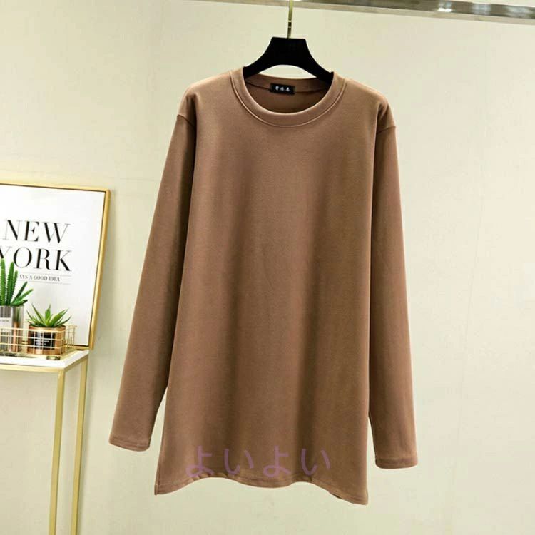 ロング丈 スリット入り チュニック L Tシャツ 両面起毛 ス 暖かい 秋冬 2XL ラウンドネック カットソー..