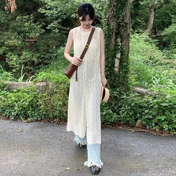 カジュアル ノースリーブ ベスト カットソー きれいめ ジレ 透かし編み ニット エレガント トップス レディース