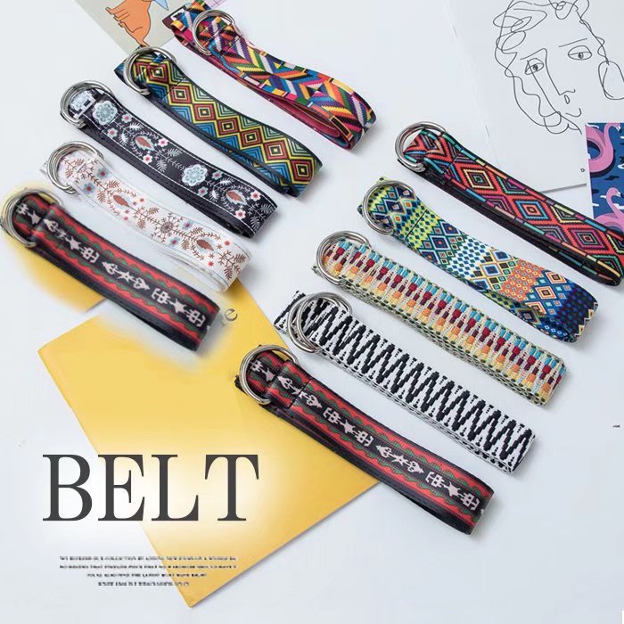 レディース エスニック調 民族風 テープベルト ダブルリング Wリング