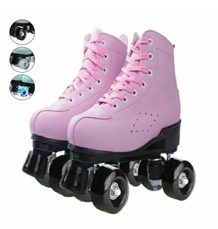 四輪 光る輪 PU 成人 キッズ レザー 無地 通気性 ローラーシューズ ジュニア クワッド インラインスケ..