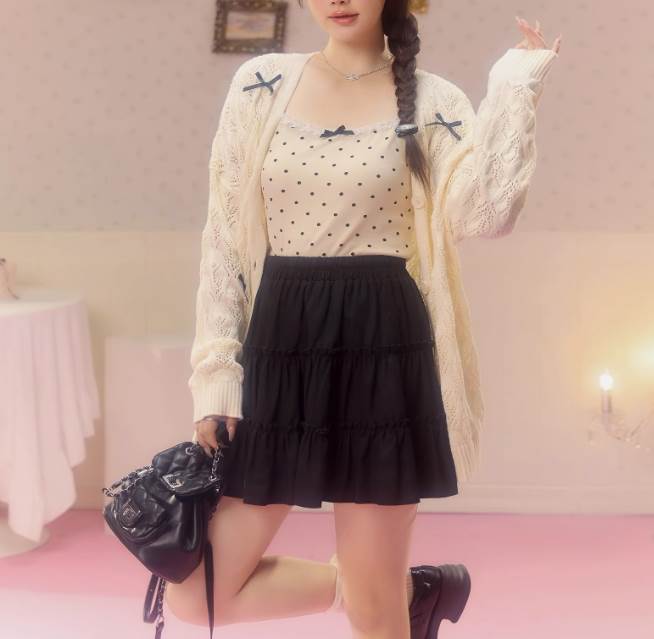 セーター セミフレア カーディガン 膝上 トップス 細身 プリーツパフ Aライン スリム ボトムス ミニ 上着 スカート キャミソール
