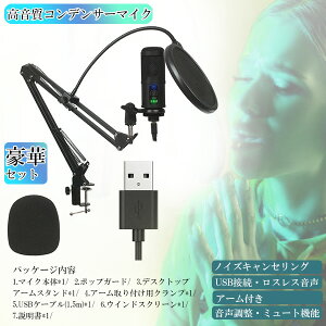 コンデンサーマイク PC 高音質マイク USB ノイズ対策 テレワーク/ライブ配信/録音/レコーディング/ゲーム実況/ZOOM会議 アーム、ポップガードセット格安セール