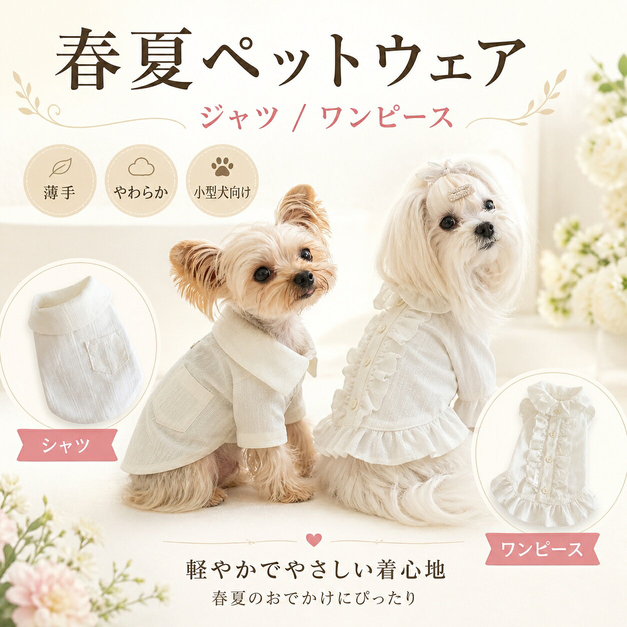 Rakuten - 【送料無料】犬服 春夏 シャツ ワンピース ドッグウェア ペット服 小型犬 子犬 薄手 通気性 クリームカラー ナチュラル かわいい おしゃれ お散歩 お出かけ 撮影 ビションフリーゼ ヨークシャーテリア トイプードル XS S M L XL