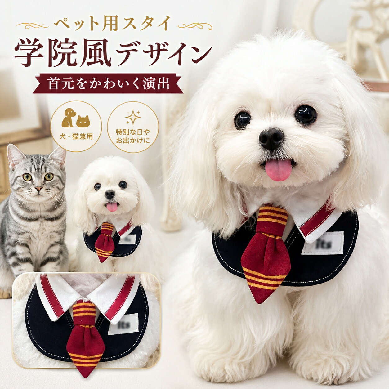 Rakuten - 【送料無料】犬 猫 スタイ ペット用 バンダナ よだれかけ 首輪風 アクセサリー 魔法モチーフ 学園風 コスチューム風 首飾り 小型犬 中型犬 大型犬 かわいい おしゃれ 撮影 お散歩 お出かけ 記念日 パーティー 首回り調整 S M L XL