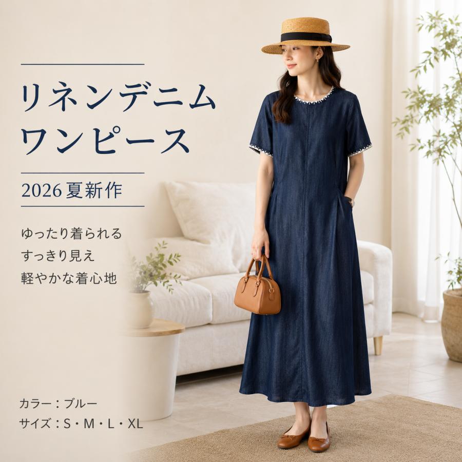 Rakuten - ワンピース レディース 夏 デニムワンピース 半袖 ロングワンピース Aライン 体型カバー ゆったり 刺繍デザイン 丸首 きれいめ カジュアル ブルー S~XL 2026新作