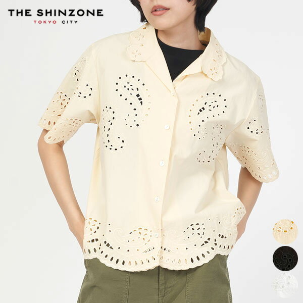 【24SS新作】シンゾーン SHINZONE ペイズリー オープンカラー シャツ 24MMSBL04 PAISLEY OPEN COLLAR SHIRT トップス ブラウス レディース 半袖 シンプル カジュアル オリエンタル ボックスシルエット レース 透け感 刺繍 34 [ 2024 SS 春 夏 ]