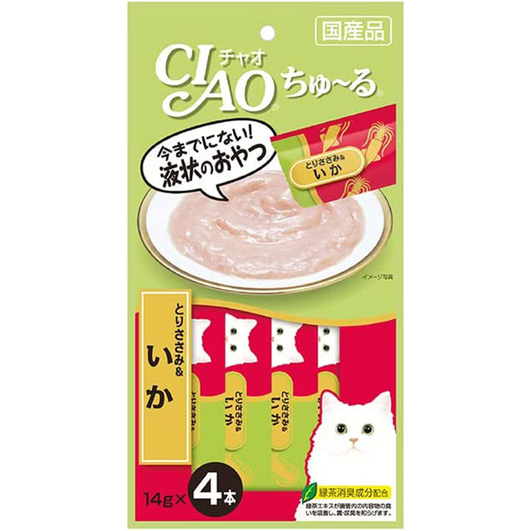 商品情報 対象 猫 原材料 鶏肉（ささみ）、いか、いかエキス、タンパク加水分解物、糖類（オリゴ糖等）、植物性油脂、増粘剤（加工でん粉）、ミネラル類、増粘多糖類、調味料（アミノ酸等）、ビタミンE、紅麹色素、緑茶エキス 成分 粗たんぱく質7.0%以上、粗脂肪0.2%以上、粗繊維0.1%以下、粗灰分1.5%以下、水分91.0%以下 エネルギー 約7kcal/本 内容量 14g×4本 原産地 日本 メーカー いなばペットフード株式会社／CIAO ちゅ〜る JANコード 4901133718274 注意事項 ・お使い残りの出た場合は、他の容器に移し替えて冷蔵庫に入れ早めにお与えください。 ・袋の誤飲にご注意ください。 キーワード 国産品 おやつ ペースト 緑茶消臭成分配合全猫種用 子猫用 成猫用 シニア猫用 高齢猫用 老猫用 CIAOちゅ〜る CIAOちゅ〜る チャオちゅ〜る チャオちゅ〜る 猫用食品 猫用おやつ 猫おやつ 猫用ふりかけ ごほうび ご褒美 しつけ 猫スナック 液体 液体スナック 液体おやつ 液状のおやつ 猫種一覧 アジアン アジアンセミロングヘア アビシニアン アメリカンカール アメリカンショートヘア アメリカンボブテイル アメリカンワイヤーヘア アラビアンマウ ウクラニアン・レフコイ エーゲ・キャット エキゾチックショートヘア エジプシャンマウ オーストラリアンミスト オシキャット オホースアズーレス オリエンタル・バイカラー オリエンタルショートヘア オリエンタルロングヘア カオマニー カラーポイントショートヘアー カリフォルニア・スパングルド キムリック クリリアンボブテイル コーニッシュレックス コラット サイベリアン サバンナ ジャパニーズボブテイル シャム シャルトリュー シンガプーラ スコティッシュフォールド スノーシュー スフィンクス セルカークレックス セレンゲティ ソコケ ソマリ ターキッシュアンゴラ ターキッシュバン タイ チャウシー デボンレックス トイガー トンキニーズ ネベロング ノルウェージャンフォレストキャット ハイランダー バーマン バーミーズ バーミラ ハバナ バリニーズ ピクシーボブ ピーターボールド ヒマラヤン ブリティッシュショートヘア ブリティッシュロングヘア ペルシャ ベンガル ボンベイ マンクス マンチカン メインクーン ヨーロピアンバーミーズ ラガマフィン ラグドール ラパーマ ロシアンブルー ロシアンホワイト ポリダクティル・キャット バンビーノ ブラジリアン・ショートヘア 三毛猫 チートー ドメスティック・ショートヘア ドンスコイ ドラゴン・リー ヨーロピアンショートヘア ジャーマンレックス ジャバニーズ メコンボブテイル ミンスキン ナポレオン ヨークチョコレートCIAO チャオ ちゅ〜る とりささみ＆いか(14g*4本入) 今までにない液状のおやつです。 猫ちゃんがペロペロなめて楽しめます。 とりささみといかをペーストにしました。