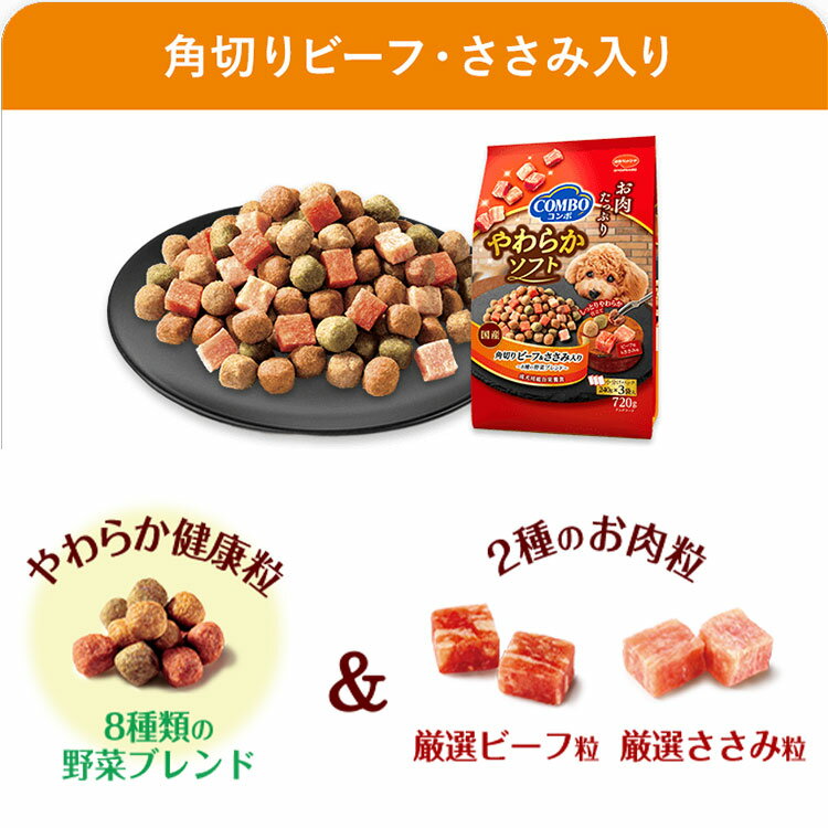 コンボ ドッグ やわらかソフト 角切りビーフ・ささみ 野菜ブレンド 半生タイプ 720g 成犬用 全犬種 ドッグフード セミモイストフード 総合栄養食 国産 小分け COMBO 日本ペットフード 正規品 2