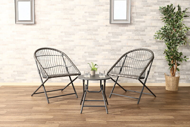 9月中旬入荷【送料無料】折り畳み式 ガーデンテーブル＆チェアセット elma 3点セット 52052 ラタン調 ベランダ　バルコニー