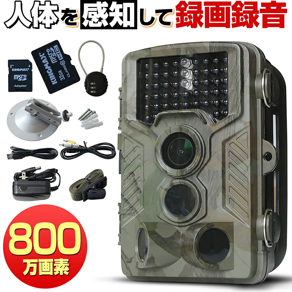 防犯カメラ トレイルカメラ 屋外 家庭用 電池式 小型 SDカード 録画 人体感知 人感センサー 屋内 駐車場 車上荒らし 車庫 録音 防水 工事不要 赤外線 暗視 フルハイビジョン 800万画素 セット GE450 【送料無料】