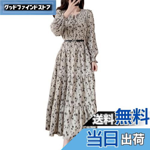 【送料無料】[Chubikime] ロングワンピース 春 秋 レディース 花柄 ワンピース シフォン 長袖 ドレス Aライン フレアー ワンピース ベルト付き おしゃれ きれいめ