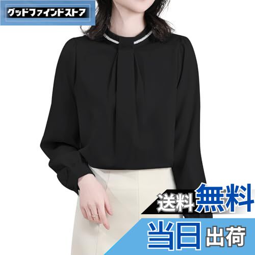 【送料無料】[Sueeya] スイーヤ ブラウス パール飾り レディース シャツ タック 長袖 立ち襟 ファスナー付き おしゃれ 女性らしい エレガント 大人 入園 卒業式 ママ会 トップス ビジネス オフィス 通勤