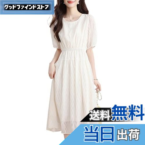 【送料無料】[Chubikime] ワンピース 夏 レディース シフォン ミディアム丈 ドレス 半袖 パフスリーブ クルーネック Aラインワンピース 可愛い きれいめ 着痩せ ゆったり 体型カバー おしゃれ フェミニン