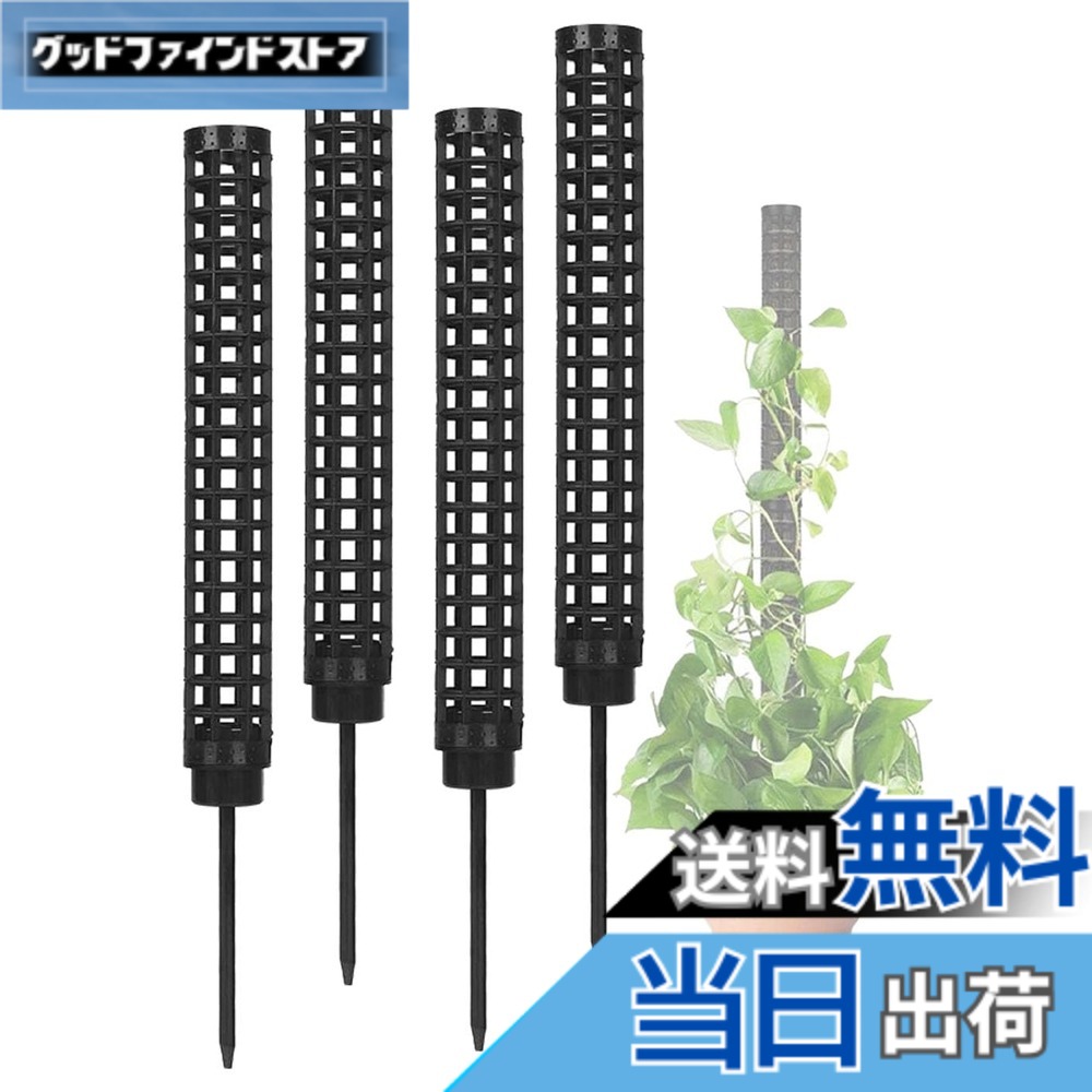 商品情報 商品の説明 主な仕様 観葉植物やモンステラなどのつる性植物の成長をサポートするモスポール支柱4本セットです。ホワイト、ブラック、グリーンの3色からお選びいただけます。軽量かつ耐久性のあるプラスチック素材を使用し、観葉植物の成長に合わせて支柱を連結することができ、高さを調整できます。4本セットのため、複数の植物を同時にサポートすることも可能です。観葉植物やつる性植物の横に支柱を配置し、植物を支柱に絡まるようにすることで美しいアレンジを楽しむことができます。内側には、土、ミズゴケ、砂利などの栄養分を入れることが可能です。モンステラ、ポトス、トマトだけでなく、マネーツリー、ピートモス、ミズゴケ、ツタなどの着生植物やつる性の観葉植物の栽培にお使いいただけます。屋内、屋外使用可。【サイズ】スタンドの長さ：26cm / スタンドの幅：3.5cm / 針の長さ13cm / 重量：38g 【カラー】ホワイト、ブラック、グリーン # 【送料無料】S.fields.inc モスポール 支柱 4本セット 連結可 観葉植物 モンステラ プラスチック 園芸 植物サポート (ブラック) あなたの観葉植物が成長する姿を見守りたい、でもつる性の植物はしっかり支えてあげないといけない。そんなお悩みを抱えている方に、ピッタリのソリューションがあります。この商品は、観葉植物の成長をサポートするための支柱セットです。特にモンステラやポトスなど、つる性の植物に最適。誰でも簡単に使用でき、庭や室内でも美しいアレンジを楽しめます。 手軽に連結できるデザインで、高さを調整できるため、多様な植物の成長に合わせて利用できます。4本セットなので、複数の植物を一度にサポート可能で、長期間にわたってしっかり支え、魅力を引き出します。この商品を使用することで、あなたの植物はより美しく成長し、豊かな緑を楽しむことができます。今すぐ、あなたのガーデニングライフを一段と豊かにするこの商品を手に入れてください！ ## モスポール支柱の特長と利点 このモスポール支柱は、観葉植物やつる性植物の支持に特化した設計です。軽量かつ耐久性に富んだプラスチック素材を使用しており、扱いやすさが魅力です。支柱の高さは、植物の成長に合わせて簡単に調整できるため、植物が成長するたびに最適なサポートを提供できます。特にモンステラやポトスなどの人気のつる性植物は、自然な形で這わせることができ、見た目もさらに美しくなります。 また、支柱は連結することができるため、高さを自由に調整することが可能です。この特長により、多様なサイズや形状の植物にも使用でき、自由なレイアウトを楽しむことができます。また、モスポールは内側に栄養分を入れるスペースがあるため、土やミズゴケを使って植物がしっかりと育つ環境を整えることができます。 支柱のデザインには、スタイリッシュなブラックが採用されており、インテリアとも馴染みやすいです。このため、観葉植物を室内で育てたい方にも最適です。手入れが簡単で耐久性が高いため、長期間にわたって安心してお使いいただけます。 さらに、4本セットで提供されているため、複数の植物を同時に支えることが可能です。これにより、庭や室内での植物配置が自由自在になり、ガーデニングをさらに楽しめるでしょう。おしゃれに飾りつけながらも、植物の健康をしっかりサポートします。 ## 使用方法と取り扱いのポイント モスポール支柱の使用は非常に簡単です。まず支柱をしっかりと地面に刺し込みます。この際、植物の根元付近に設置し、植物が自然に支柱に絡まりやすい位置に配置することがポイントです。支柱を立てる際は、土を押し固めて支柱がぐらつかないように注意しましょう。 次に、植物の茎が成長してきたら、優しく支柱に絡ませます。根元から上へ向かって、少しずつ絡ませることで、植物が自然に支柱に添って成長することができます。このとき、あまり強く引っ張らないように注意してください。無理に絡ませると、植物に負担がかかってしまうことがあります。 連結機能も便利です。支柱同士を連結することで、高さを調整することができます。植物が成長するにつれ、支柱の高さを上げることができるため、長い期間にわたって使用可能です。また、支柱に内側に栄養を入れることで、植物に必要な栄養を届けることができ、健康的な成長をサポートします。 この支柱は屋内外問わず使用できるため、ガーデンやバルコニー、さらには室内の観葉植物にも対応しています。適度な水分を保ちつつ、しっかりと支えることが可能です。これらの特長を活かして、あなたの植物をより美しく育ててみてください。 ## お手入れと注意点 モスポール支柱は、比較的手入れが簡単ですが、いくつか注意点があります。まず、プラスチック製品のため直射日光が長時間当たらない場所で使用することをお勧めします。熱にさらされることで変形する可能性があるからです。また、湿度が高すぎる場所ではカビが生えるおそれもあるため、風通しが良い場所で育てると良いでしょう。 次に、植物の成長に合わせて支柱を調整する必要があります。植物が大きくなりすぎて支柱から外れてしまうと、サポートが不十分になってしまいます。このため、こまめに植物の成長を観察し、必要に応じて支柱の位置や高さを調整してください。 お手入れに関しては、定期的に土の湿度を確認し、植物に必要な水分を適切に与えることが大切です。また、支柱の表面には土や葉の残骸が付着しやすいため、こまめに拭き取ることで清潔を保つと良いでしょう。これにより、植物が健康的に育つだけでなく、インテリアとしても美しい状態を維持できます。 安心して長く使えるモスポール支柱ではありますが、耐久性があるとはいえ外部要因によって劣化することもあります。定期的に確認し、必要に応じて交換を検討してください。ガーデニングを楽しむ道具として、長寿命を保つために適切なお手入れを心がけましょう。 ## まとめ - モスポール支柱は観葉植物やつる性植物に最適なサポート商品です。 - 連結機能により、高さの調整が簡単です。 - プラスチック製で軽量かつ耐久性が高く、長期間使用が可能です。 - お手入れが簡単で、屋内外での使用に適しています。 - 複数の植物を同時に支え、自由なレイアウトが楽しめます。 - 定期的な観察と手入れで、植物を元気に育てましょう。