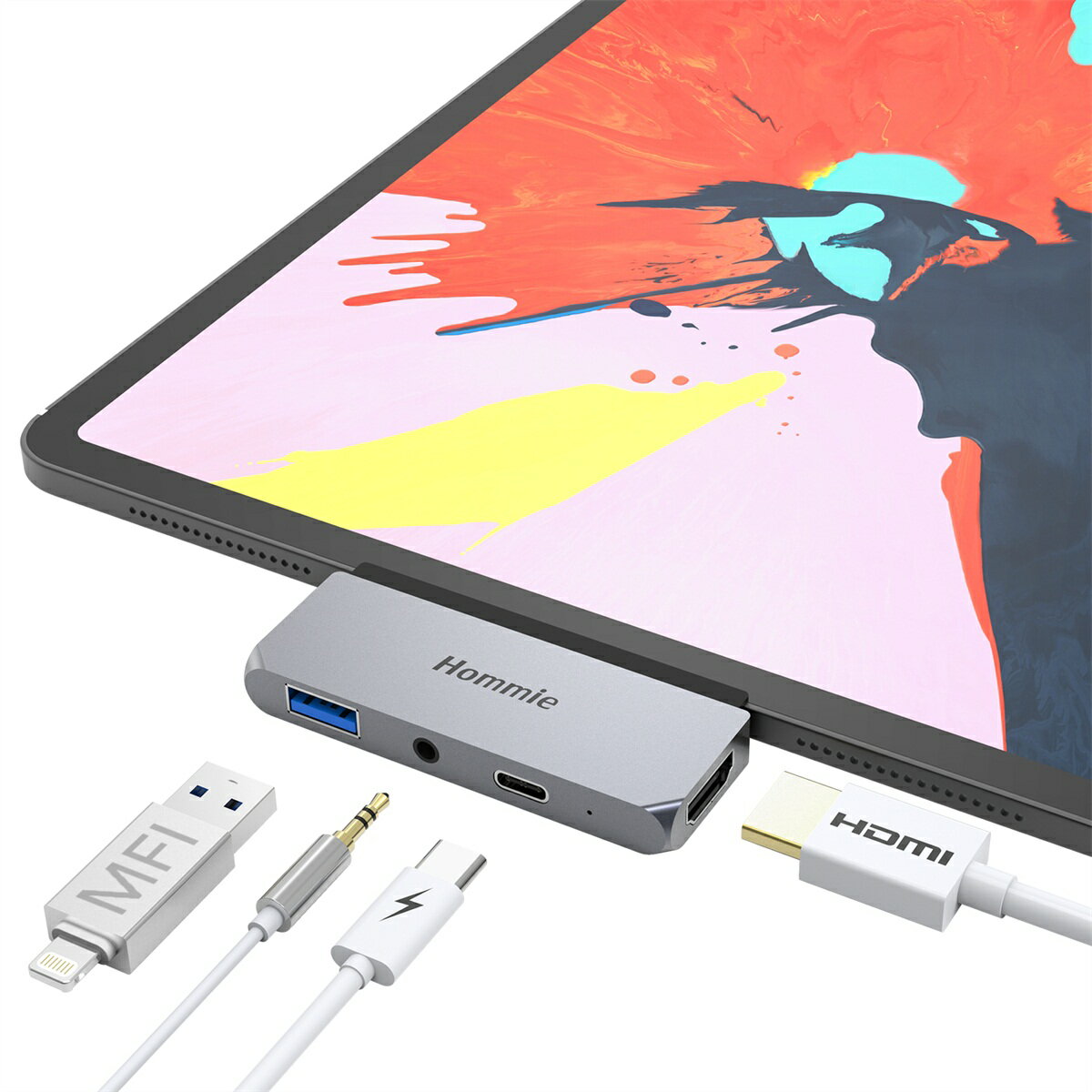 Hommie Type-C ハブ ドッキングステーション USB 3.0 モバイル PD 4K HDMI 高解像 3.5mm ヘッドホンジャック 【2018 iPad Pro/Microsoft Surface Go対応】 USB-Cハブ