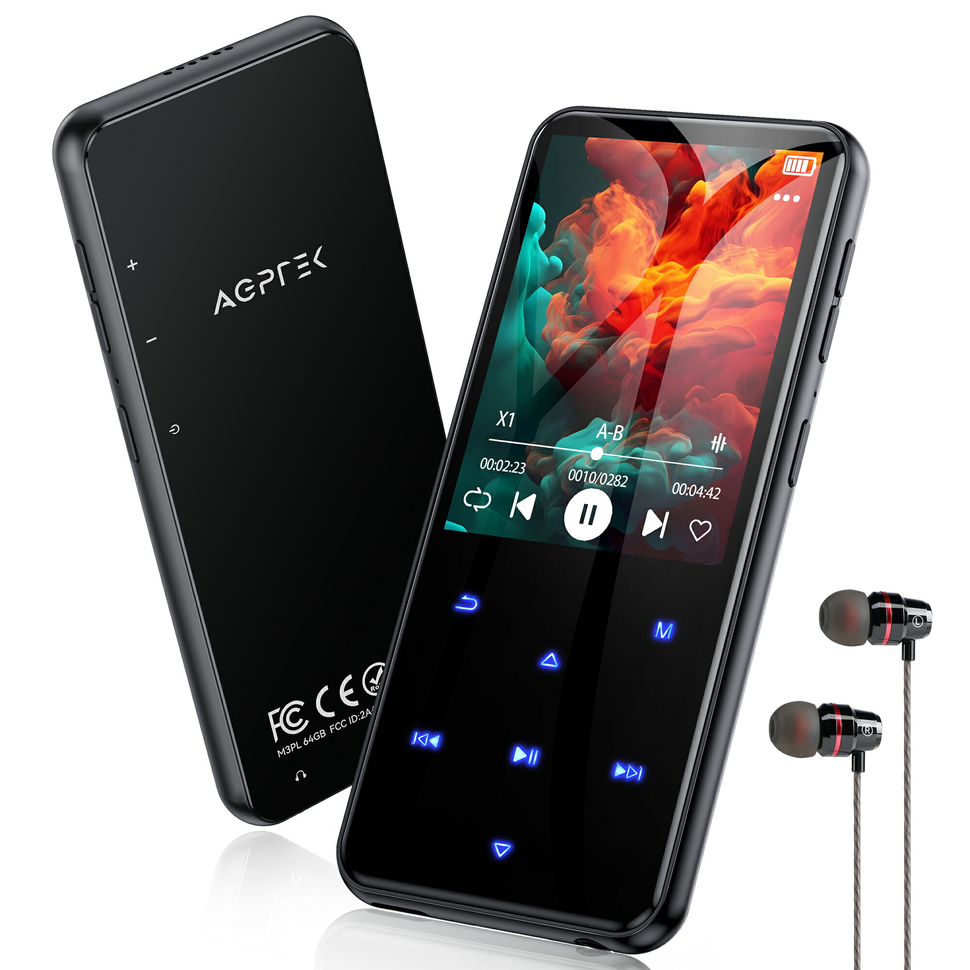 【日本企画品・1年保証あり】 AGPTEK mp3プレーヤー Bluetooth5.3 音楽プレーヤー スピーカー搭載 64GB内蔵 デジタルオーディオプレーヤー スマホ転送可 光るタッチボタン 2.4インチ大画面 HIFI高音質 動画/FMラジオ/録音 ウォークマン イヤホン＆耳栓付き プレゼント ギフト