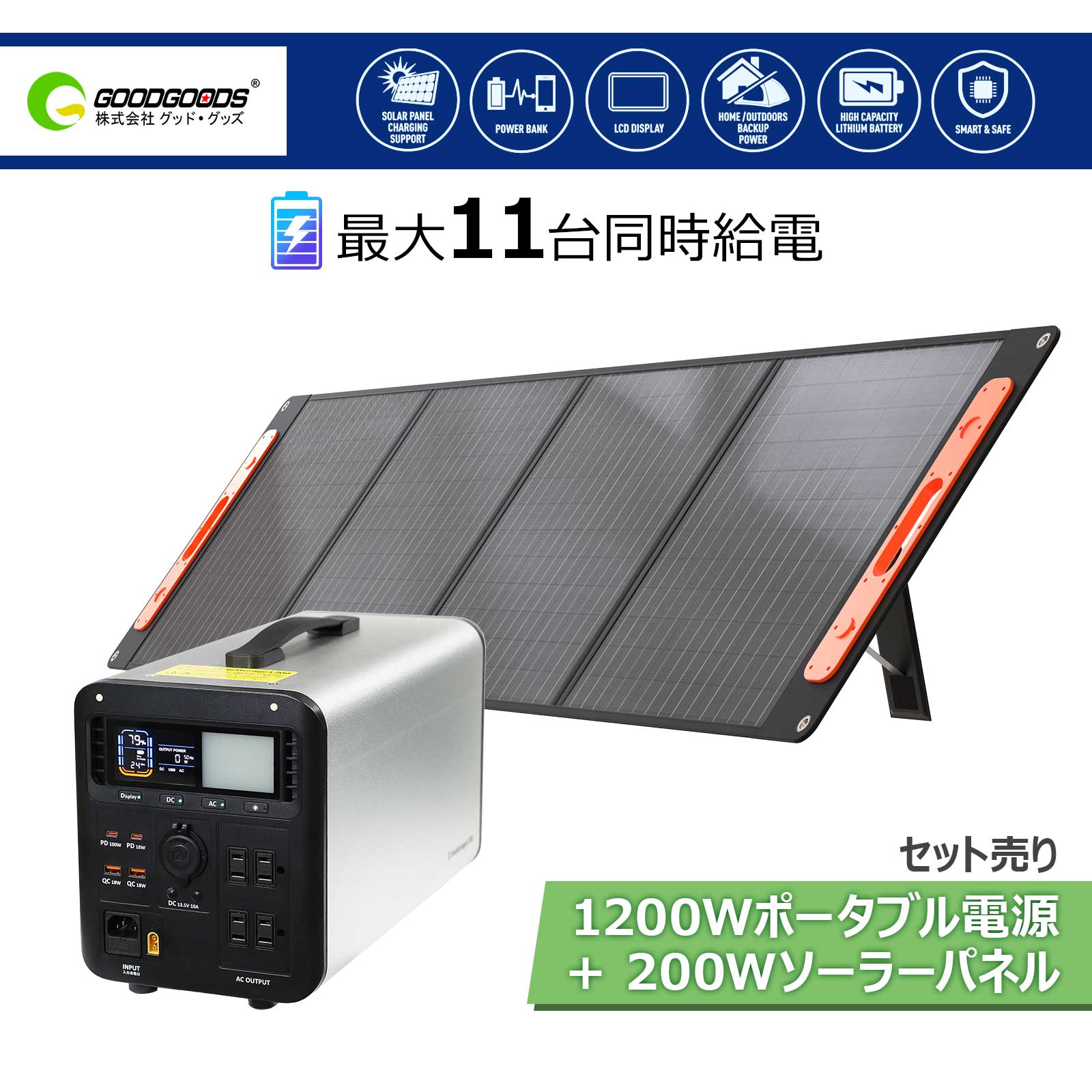 GOODGOODSポータブル電源 大容量 1200W ソーラーパネル セット ソーラーパネル 200W折り畳み式 単結晶 高変換効率 22.5% 太陽光発電 家...