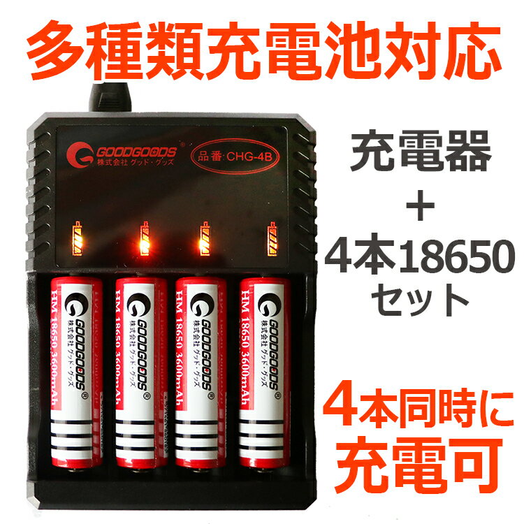 GOODGOODS 18650 充電池4本+充電器セット リチウムイオンバッテリー Li-ion 18650充電器 18650 リチウムイオン電池充電器 マルチ充電器 4本用 高速充電器 急速充電器 AC100V AC充電器 リチウムイオン充電器 収納ケース（CHG-4B-SET） 2