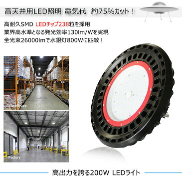 （最大30%OFF）UFO型 LED 高天井照明 200W 26000lm 水銀灯800W相当 高天井灯 LED投光器 AC100V ペンダント ダウンライト 円盤型 水銀灯に替わり 落下防止用ワイヤロープ付き 工場 ホール 体育館 倉庫【LG-200W】