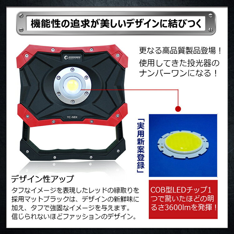 「お買い物マラソン・最大50%OFF」LED投光器 充電式 30w 3600lmポータブル投光器 小型 ledライト 明るい 頑丈 強力マグネット付き キャンプ 持ち運び アウトドア コードレス投光器 現場工事 スマホ充電対応 防水 電気設備 道路整理 看板照明 ランタン(YC-N8X)通販格安セール情報 楽天 通販