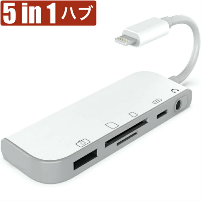 5in1 USB ハブ 変換アダプタ 充電 同時 イヤホンジャック 3.5mm SDカード iPad iPhone 13/12 12mini 12Pro TF カードリーダー カメラ USB 写真やビデオ データを双方向伝送 MIDI キーボード DAC マイク マウス 最新iOS対応