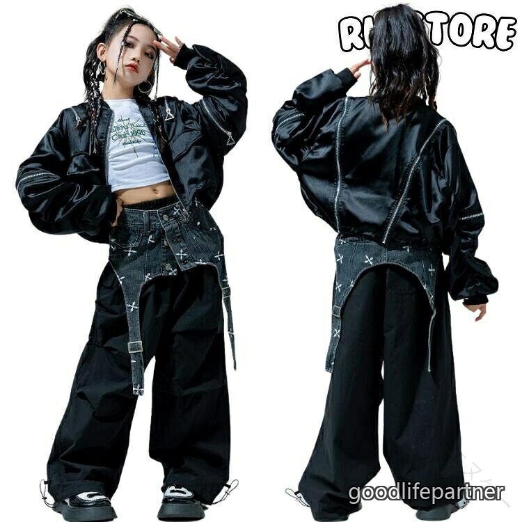 长裤短裤套装 - ダンス 衣装 キッズ セットアップ ジャケット 黒 パンツ 長袖 ヒップホップ キッズダンス 女の子 ストリート ダンスウェア 原宿系 hiphop レッスン おしゃれ