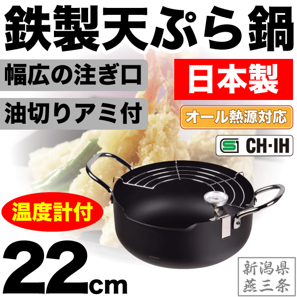 ＼今ならレビューで1000円クーポン!／ 新潟県燕三条製 鉄製 注ぎやすい天ぷら鍋 22cm （専用温度計付） 幅広の注ぎ口 湯切りアミ付 オール熱源対応 ガス火 IH対応 鉄製天ぷら鍋