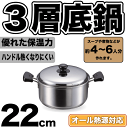 送料無料 3層底鍋 ステンレス ガス火 IH対応 両手鍋 22cm 専用蓋付き クックパレス オール熱源対応 パール金属 【HB-2528】【CP】