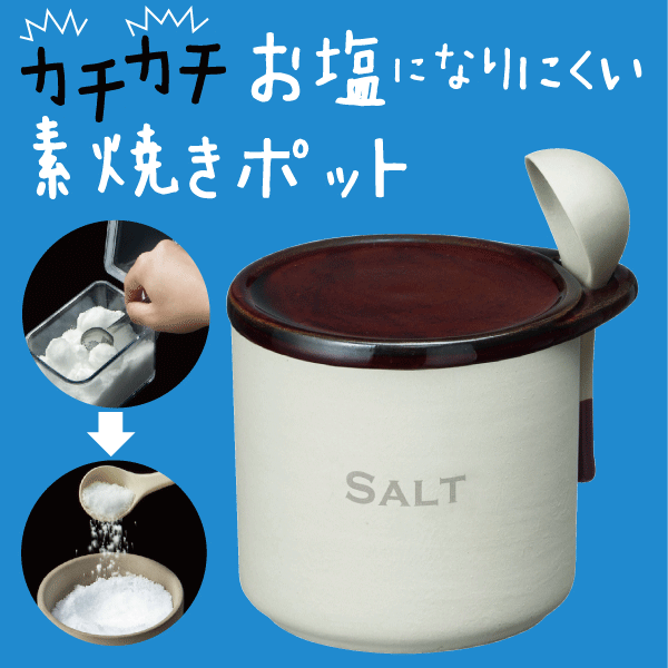 【在庫少。急遽完売の場合有】陶器が呼吸してお塩が固まらない 「湿気」から守る SALT ソルトポット 300ml （スプーン付） 湿気防止 素焼き 調味料入れ 保存容器【3952】