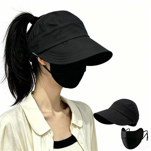 [ジアリメス] UVカット帽子 レディース ポニーテール可 UPF50+ 折りたたみ 紫外線カット帽子 (ブラック +ブラックマスク)